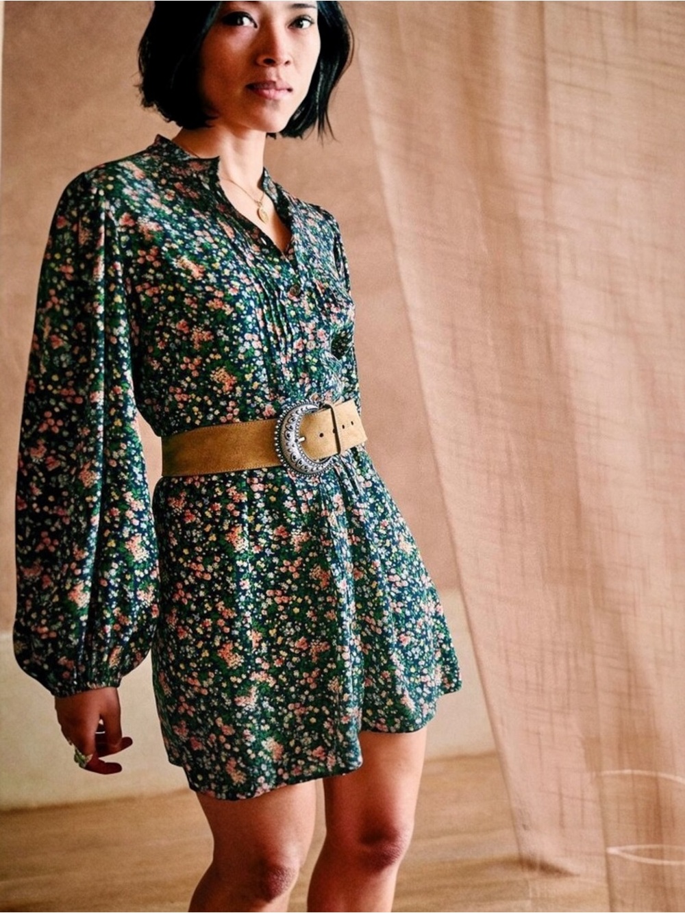 Sézane Sobral Mini Dress Navy Garden Floral Balloon Sleeve Boho Parisian